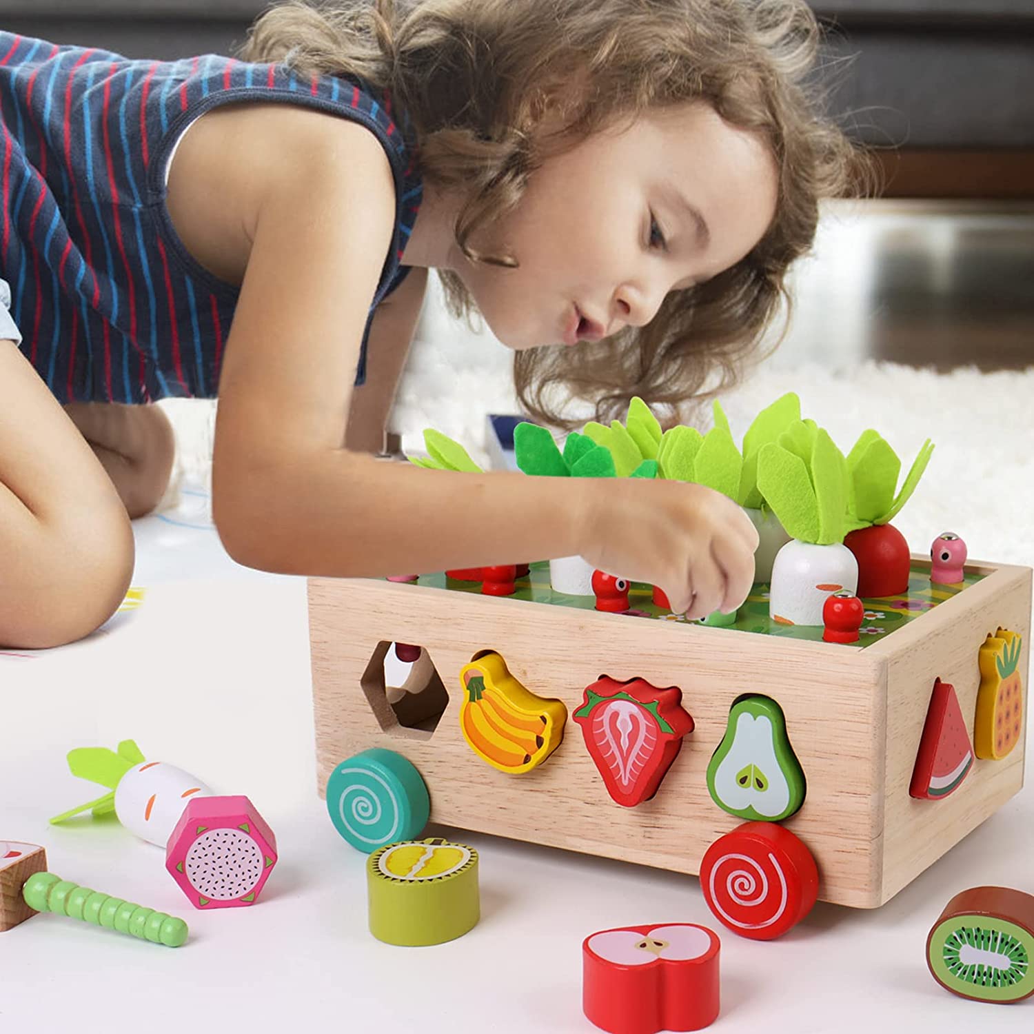 Baby Pull Carrot Set Wooden Sorter Toy Shape Matching - 图0