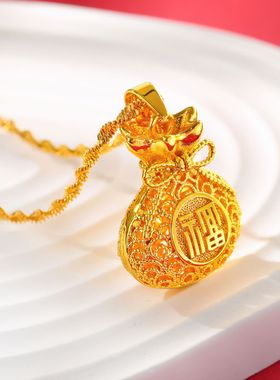 花丝镂空福袋项链国风镂空福字平安扣吊坠沙金假金仿真黄金首饰