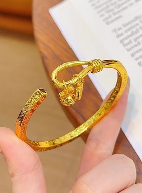 新中式古法沙金吉言铃铛祥云手镯女实心如意开口镯子小众轻奢饰品