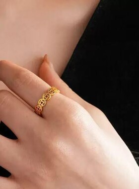 暴富光面铜钱开口戒指女指环小众轻奢高级感配饰沙金仿金假黄金