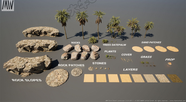 UE4虚幻5写实沙漠绿洲沙丘岩石碎石戈壁荒漠真实场景素材 - 图1
