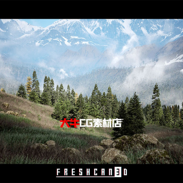 Unreal UE5 realistic mountains, Swiss snow mountains, grassland scenery, terrain landscape, large snow mountain river scenes