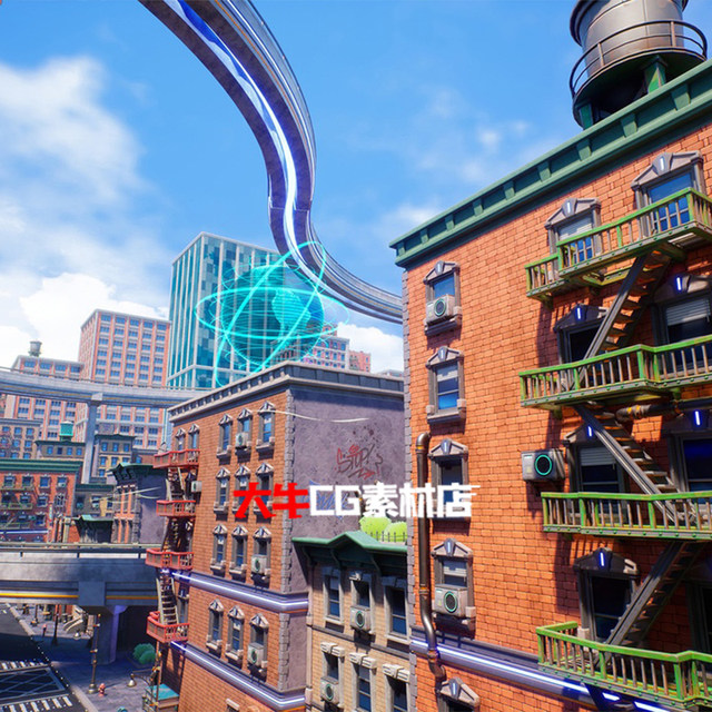 UE5 Unreal Stylized City Street Cartoon Shop Model Red Brick Urban Viaduct Building Scene