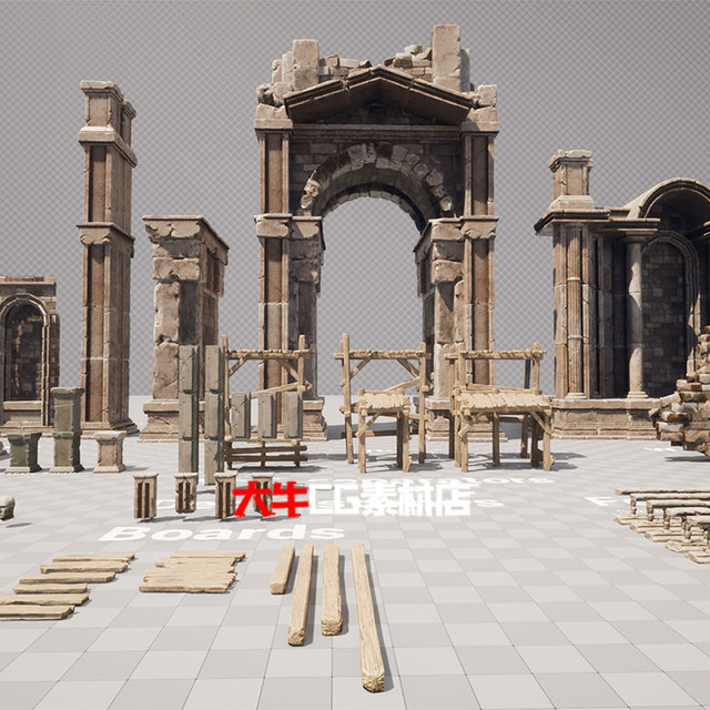 UE5 Unreal Realistic Ancient Ruins Broken Bricks Broken Stone Pillars Dead Tree Model Material Scene