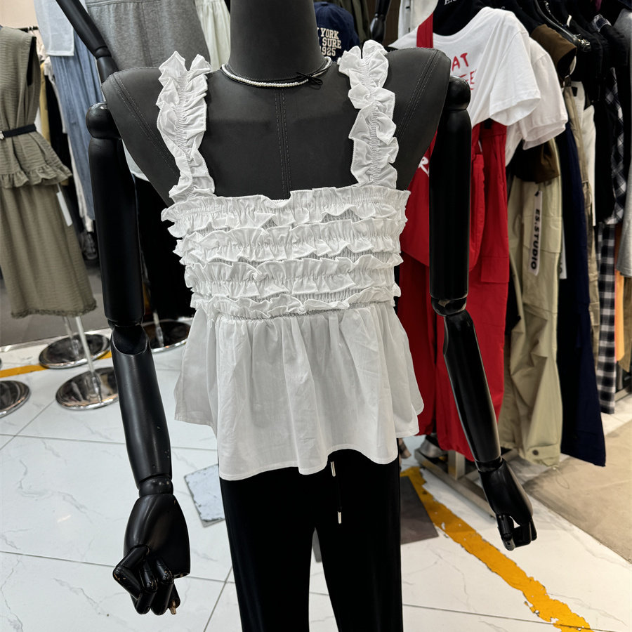 特价夏季新款时尚百搭显瘦木耳边褶皱吊带背心女设计感娃娃衫上衣,淘宝优惠券,粉丝福利购,淘宝优惠卷