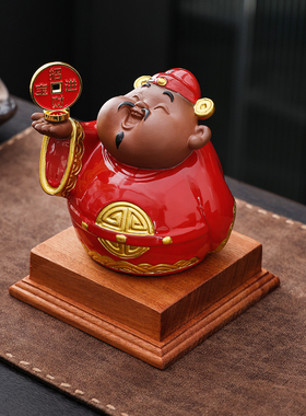 创意招财财神爷陶瓷摆件红色桌面装饰品新年礼物工艺品人物摆件