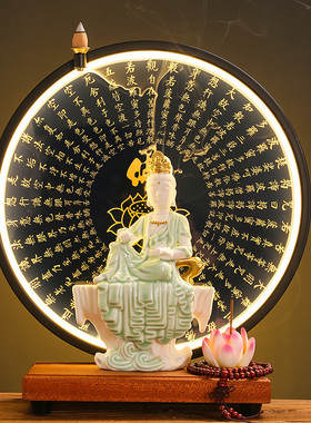 新中式禅意观音菩萨佛像摆件倒流香炉实木玄关客厅供奉家居装饰品