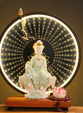 新款送子观音像如来佛像摆件家居客厅玄关心经灯圈装饰画禅意家用