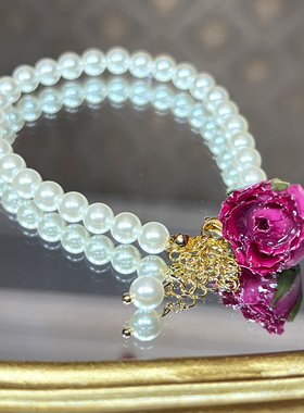 永生玫瑰项链复古百搭锁骨链法式优雅颈链女珠珠手链滴胶玫瑰