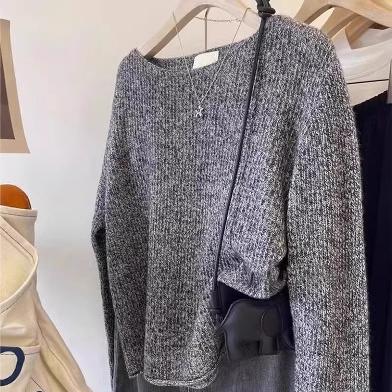 花灰色早秋薄款套头毛衣下摆卷边宽松短款内搭圆领针织长袖T恤女,淘宝优惠券,粉丝福利购,淘宝优惠卷