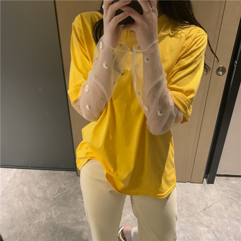 网纱打底衫女防晒衫女2021新款泫雅夏小雏菊蕾丝长袖内搭薄款上衣,淘宝优惠券,粉丝福利购,淘宝优惠卷