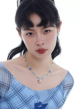 可爱蓝色撞色小马串珠项链女款