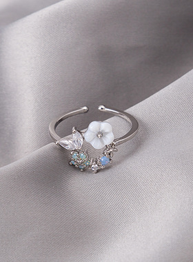 韩国时尚贝壳花朵锆石树叶戒指简约时尚开口食指指环女戒