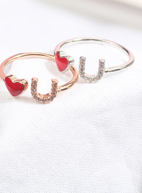 韩版简约心形爱你保色戒指 百搭甜美可爱微镶锆石开口可调节指环