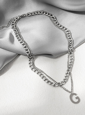 时尚精品港风字母潮款项链饰品双层金属麻花项链女