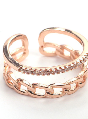 个性绳索戒指 保色锆石假双层开口戒指 简约百搭戒指女