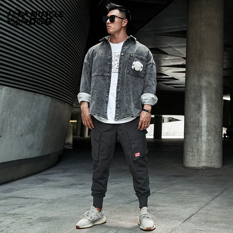 肌肉狗22春新潮流翻领宽松运动休闲健身衣服工装夹克牛仔外套男 虎窝淘