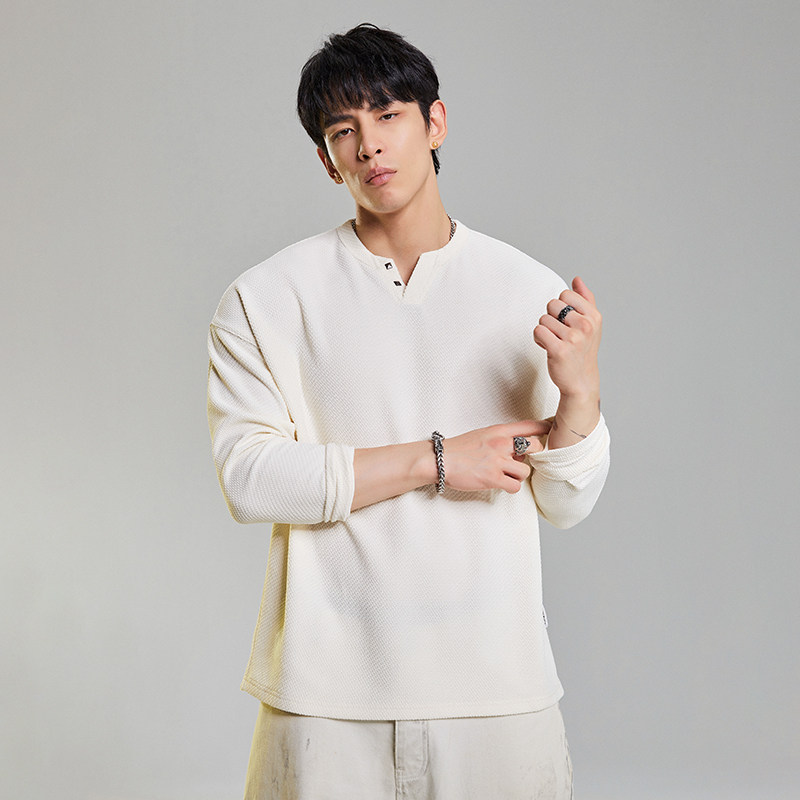 肌肉狗 长袖T恤男 春季新品小V领撞钉肌理感纯色宽松休闲健身上衣,淘宝优惠券,粉丝福利购,淘宝优惠卷