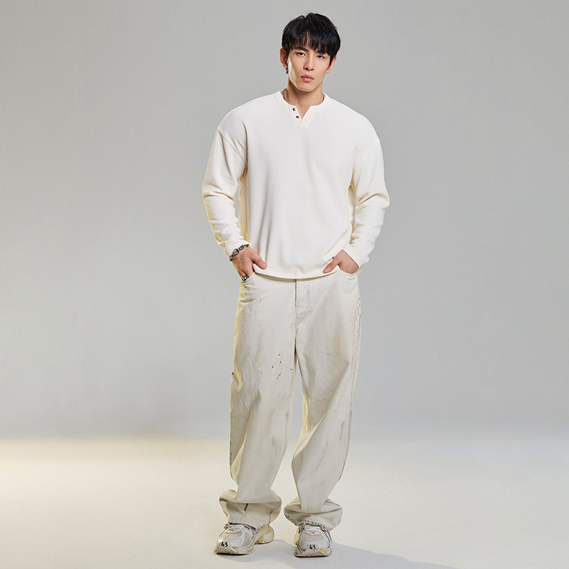 肌肉狗 长袖T恤男 春季新品小V领撞钉肌理感纯色宽松休闲健身上衣,淘宝优惠券,粉丝福利购,淘宝优惠卷