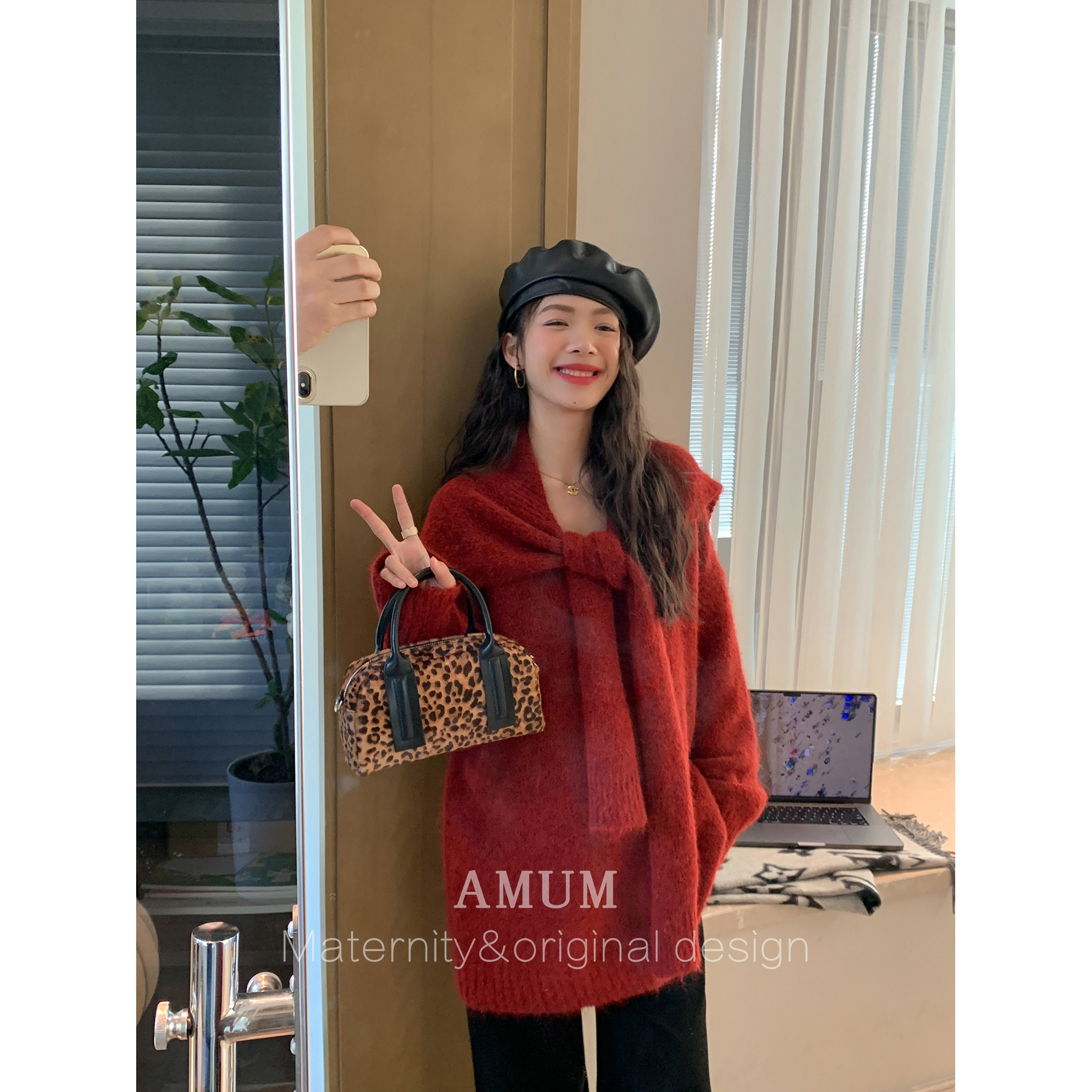 ◆AMUM孕妇装◆松弛新贵~三色老钱风针织宽松毛衣打底上衣含披肩 - 图0