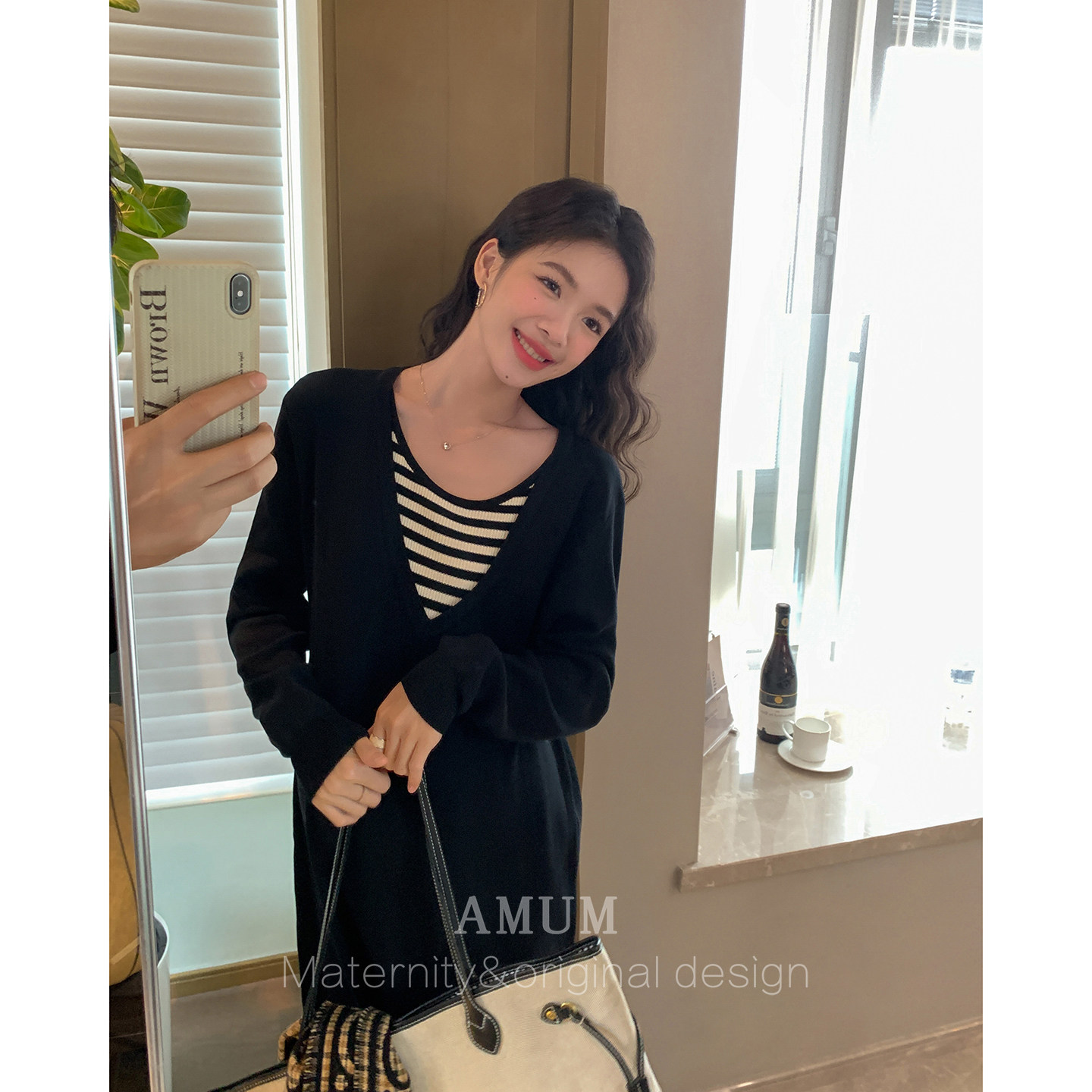 ◆AMUM孕妇装◆限于温柔~假两件V领条纹拼接宽松休闲针织连衣裙,淘宝优惠券,粉丝福利购,淘宝优惠卷