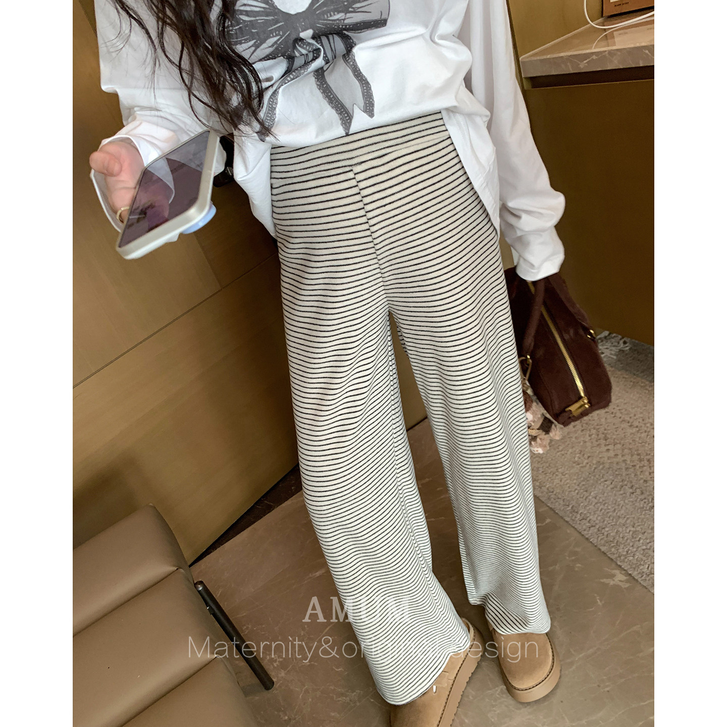 ◆AMUM孕妇装◆舒适好好搭~针织条纹休闲裤垂坠感松紧高弹遛弯裤,淘宝优惠券,粉丝福利购,淘宝优惠卷