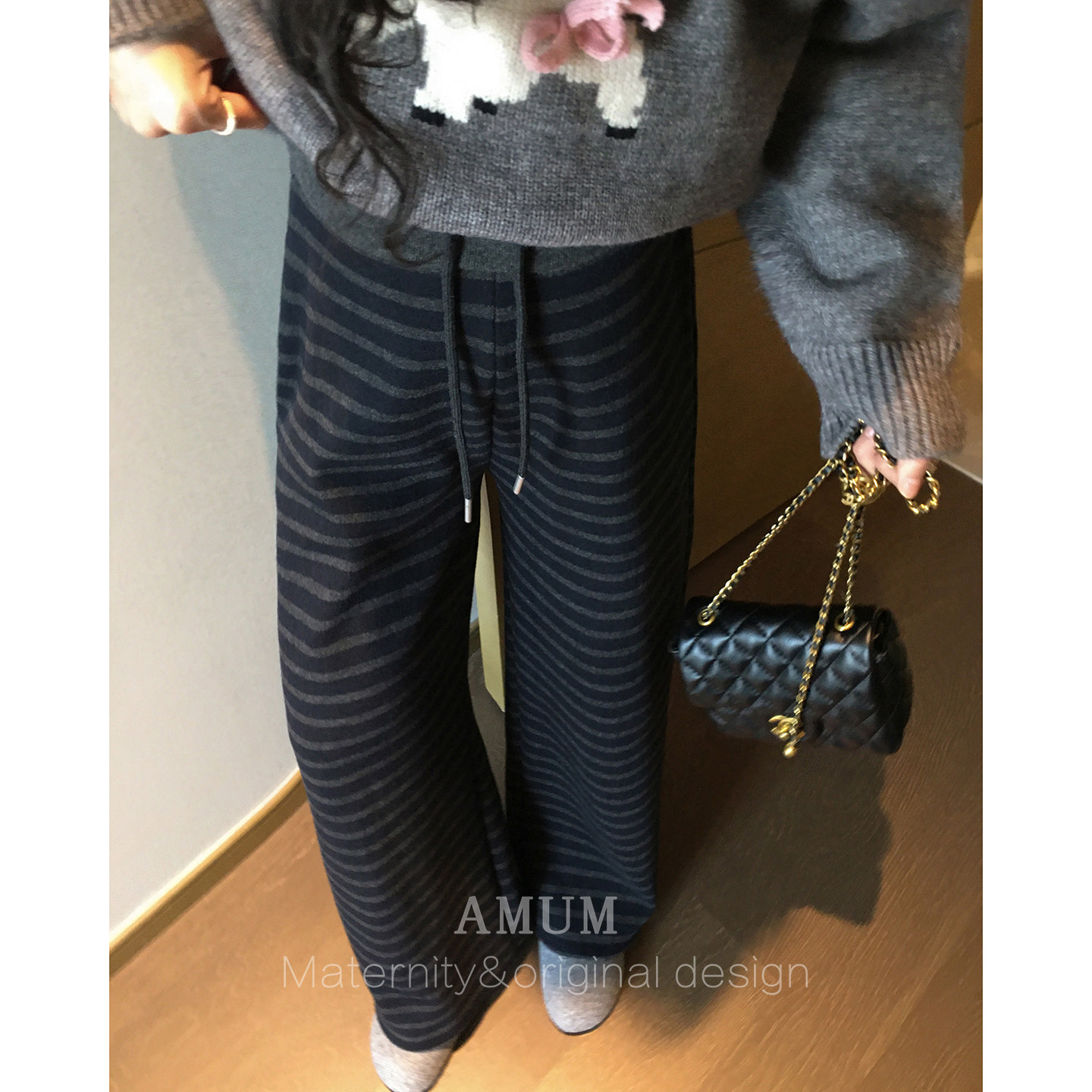 ◆AMUM孕妇装◆慵懒收藏夹~藏青条纹经典直筒加绒裤秋冬百搭裤子,淘宝优惠券,粉丝福利购,淘宝优惠卷