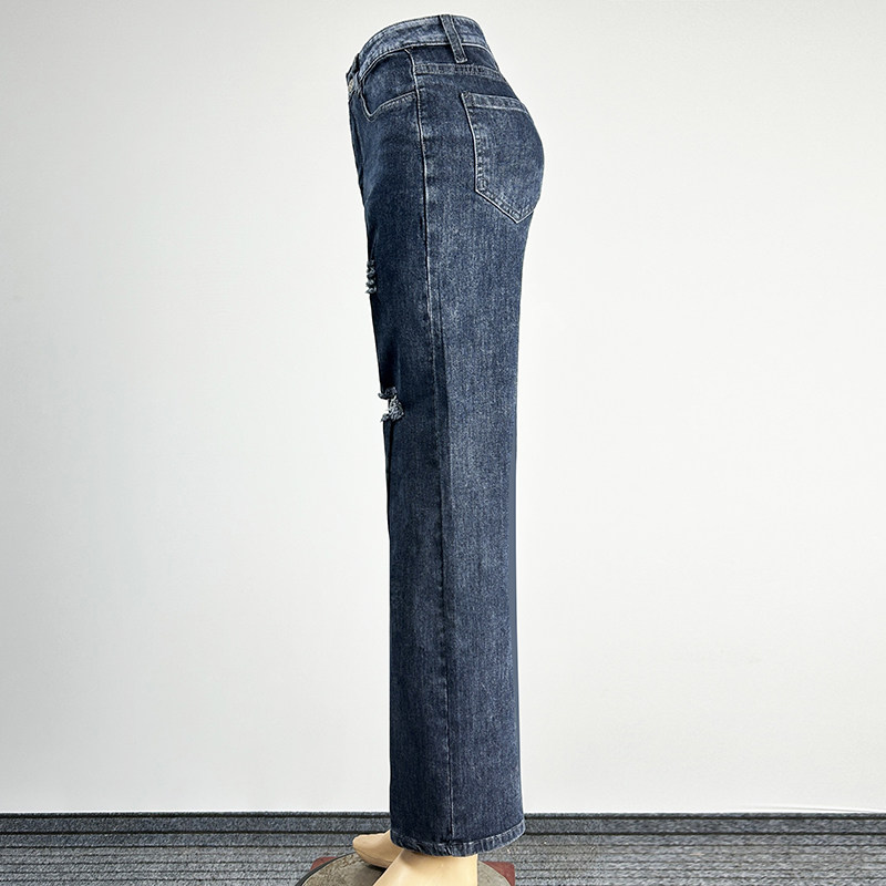 弹力高腰破洞牛仔裤长裤女2025修身显瘦水洗磨白磨烂包臀阔腿裤,淘宝优惠券,粉丝福利购,淘宝优惠卷