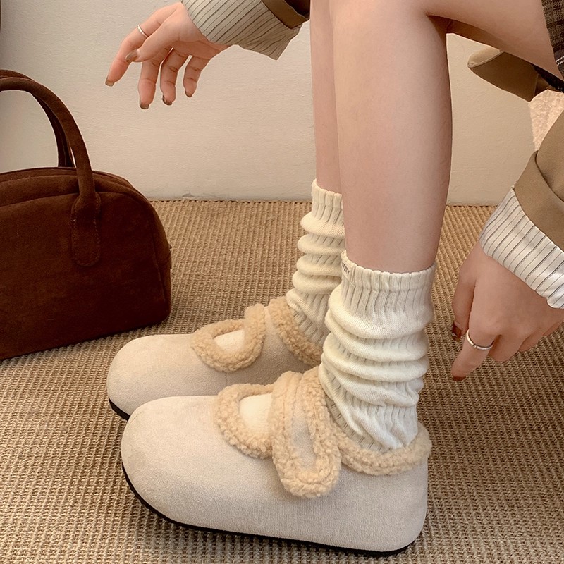 魔术贴平底中口勃肯鞋棉鞋女款2025新款冬季加绒玛丽珍毛毛女鞋子 - 图0