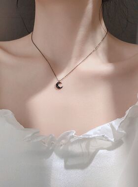 复古黑锆石弯月项链 高级感暗黑系满钻月牙锁骨链百搭小众轻奢