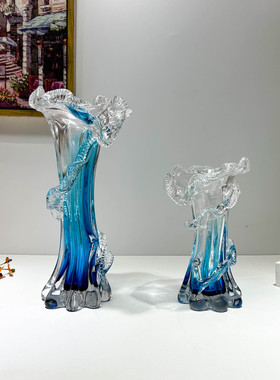 法式高级蓝色现代艺术玻璃花瓶小口水培插玫瑰百合花器茶餐厅装饰