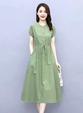 棉麻连衣裙女夏天2024新款薄款高端减龄文艺气质收腰显瘦圆领裙子