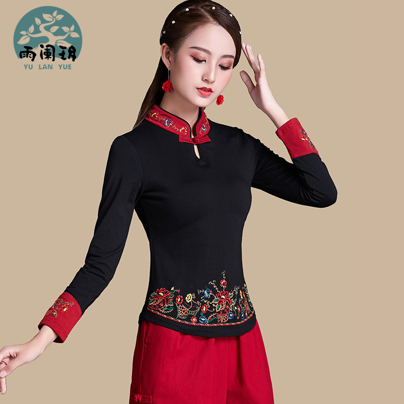 民族风长袖加绒保暖绣花打底衫 冬季立领中国风盘扣上衣刺绣t恤女,淘宝优惠券,粉丝福利购,淘宝优惠卷