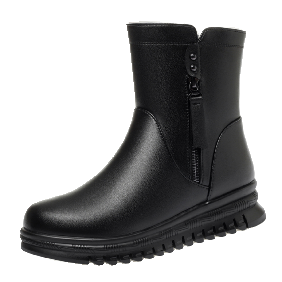 新款中筒靴中老年人短靴女冬季加绒保暖真皮靴子平底软底防滑棉鞋 - 图3