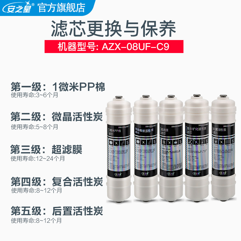 安之星C9滤芯五级全套通用AZX08UF活性碳PP棉超滤膜棒后置净水器 - 图1