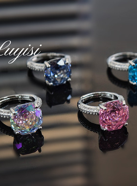 重工爆闪八角千禧玫瑰切海蓝钻戒指高碳钻粉钻玫瑰花炫绿紫指环