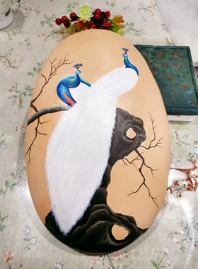 纯手绘石头画丙烯颜料绘画孔雀成品创意礼物不褪色高贵大气摆台