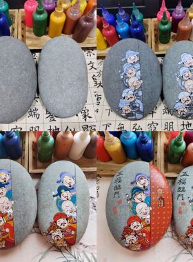 五福临门丙烯石头画财神福禄寿喜财新年礼物转运摆件手绘工艺品