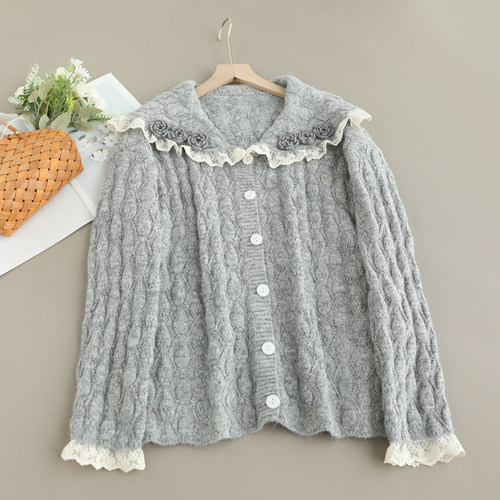 新款翻领立体花朵翻领针织开衫女宽松百搭小清新减龄长袖毛衣外套 - 图2