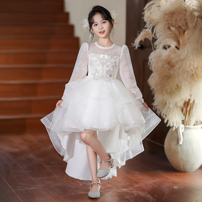 儿童钢琴演出服秋季花童婚纱女童礼服高端白色前短后长亮片公主裙,淘宝优惠券,粉丝福利购,淘宝优惠卷
