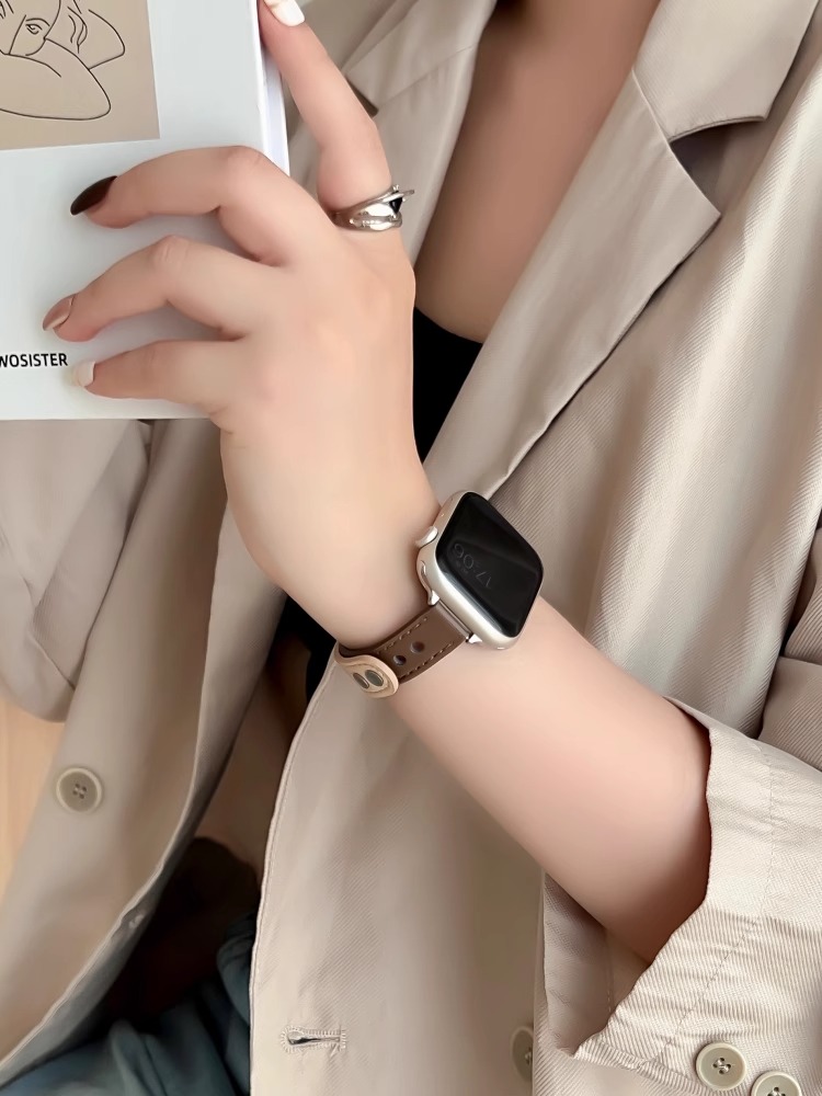 适用applewatch9表带s8苹果S9细款双拼色iwatch真皮质s7手表带3/4/5/6/ultra女款秋冬高级se小蛮腰新款创意 - 图0