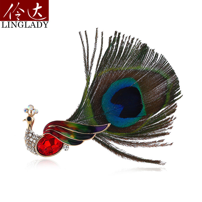 伶达孔雀羽毛夏季新款水钻胸针 伶达饰品胸针