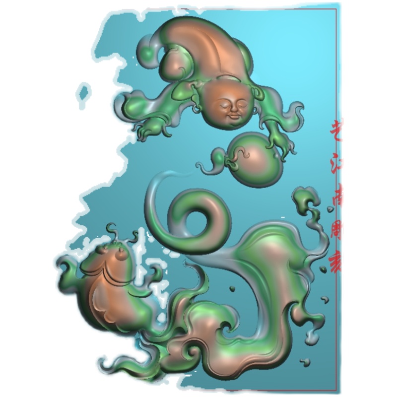 2267童子戏鱼浮雕精雕JDP灰度BMP格式玉雕牙掉图 - 图0