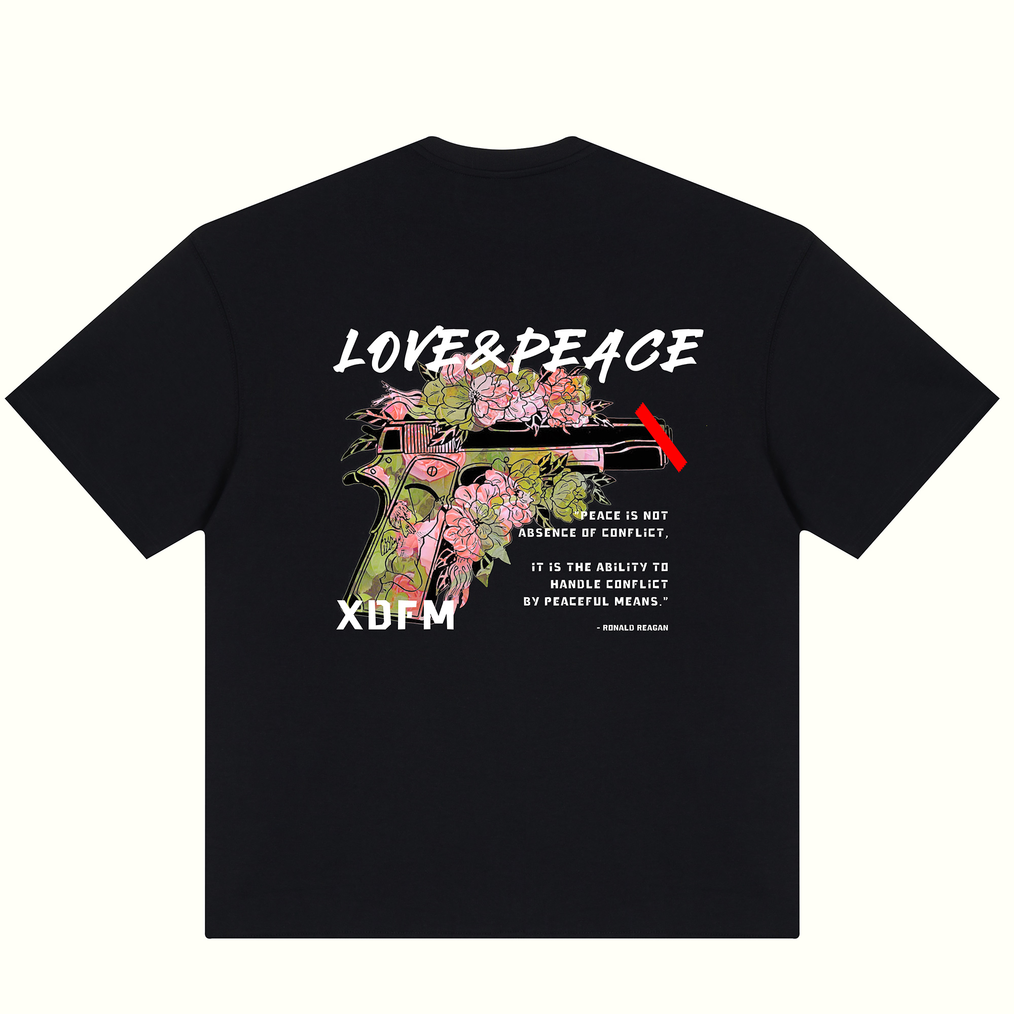 XDFM 美式T恤短袖LOVE&PEACE英文字母鲜花印花半袖高街纯棉重磅 - 图3