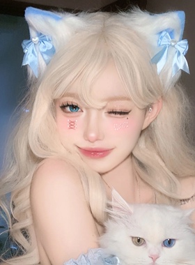 甜美蓝色蝴蝶结毛绒猫耳发夹可爱cos漫展Lolita发饰角色扮演头饰