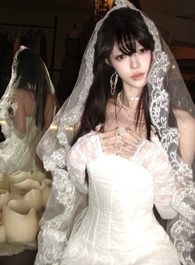 万圣节哥特cos蕾丝白色头纱人偶新娘婚礼拍照古早氛围感头饰面纱