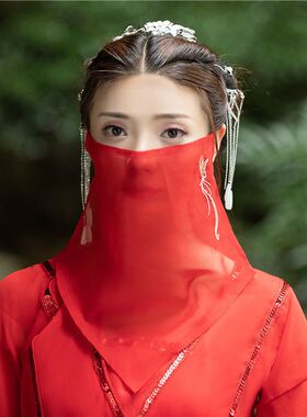 面纱古风仙气新款绣花面纱遮脸纱古代蒙面纱巾网红透气汉服面纱