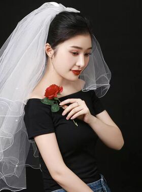 领证登记小头纱新款白色双层森系小清新新娘头饰风儿童公主饰品