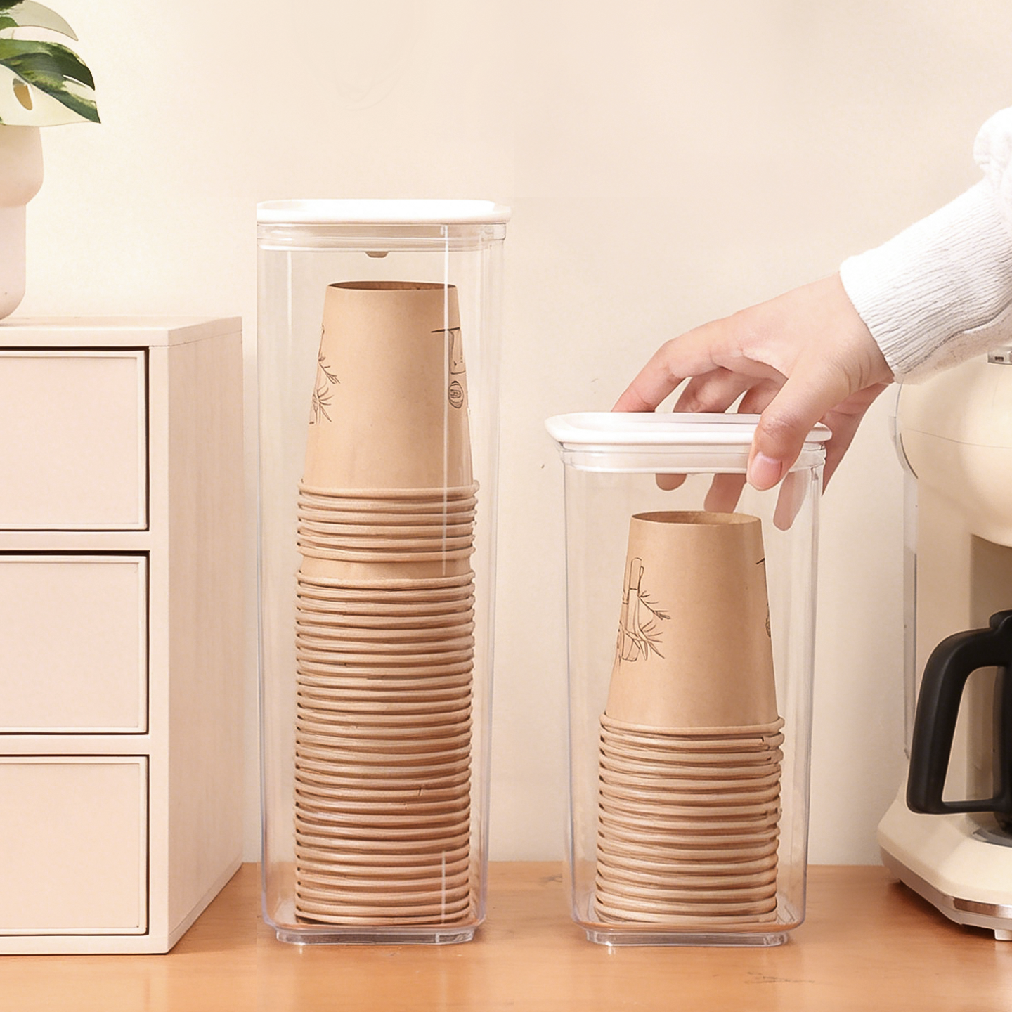 日本一次性杯子收纳盒防尘桌面放纸杯餐边柜置物架水杯专用取杯器,淘宝优惠券,粉丝福利购,淘宝优惠卷