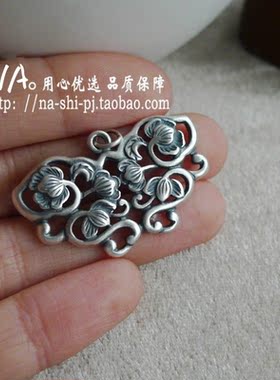 NA。925银并蒂莲花长命锁花牌项链吊挂坠diy银饰品配件
